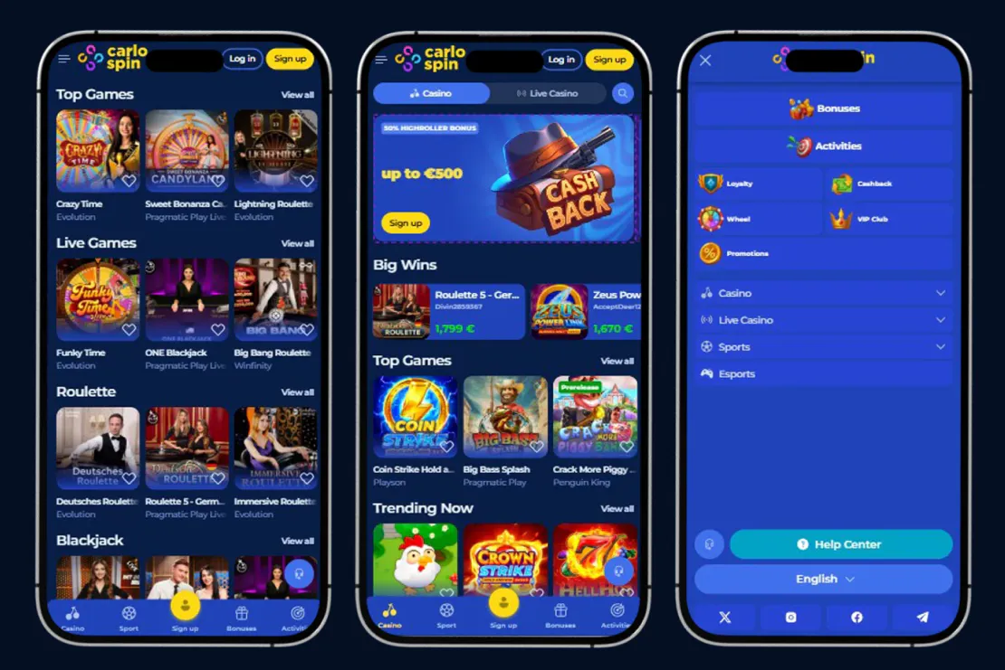 Carlospin Casino mobiele app interface op smartphone
