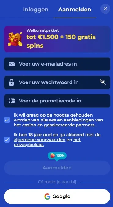 Carlospin Casino registratieformulier met welkomstbonus